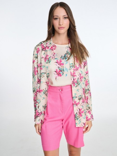 Floral printed ροζ σατέν μακρυμάνικο πουκάμισο, σε ίσια γραμμή, με πέτο γιακά και κλείσιμο με κουμπιά μπροστά Badoo