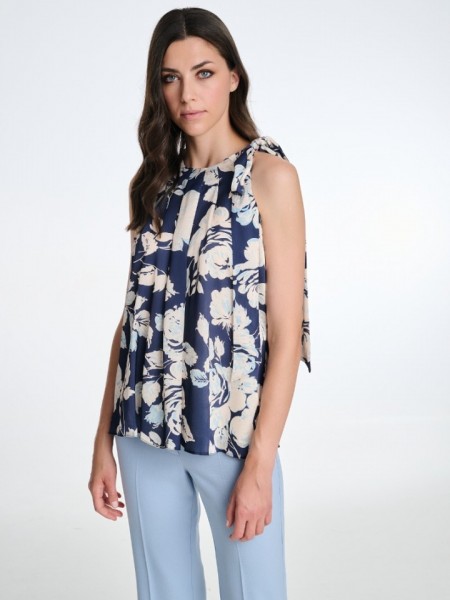 Floral printed μπλε σατέν αμάνικη μπλούζα, με halter λαιμόκοψη, παρτούς ώμους, σούρες μπροστά και μη αποσπώμενο φιόγκο στο πλάι Badoo