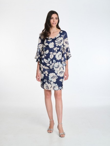 Floral printed μπλε σατέν midi μακρυμάνικο φόρεμα, σε σάκο γραμμή, V λαιμόκοψη και βολάν στο τελείωμα στα μανίκια Badoo