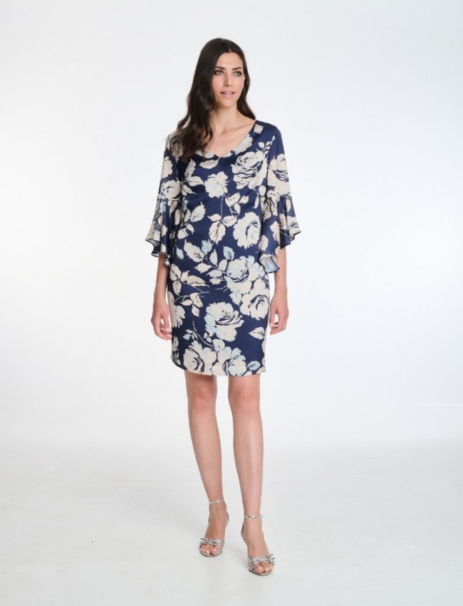 Floral printed μπλε σατέν midi μακρυμάνικο φόρεμα, σε σάκο γραμμή, V λαιμόκοψη και βολάν στο τελείωμα στα μανίκια Badoo