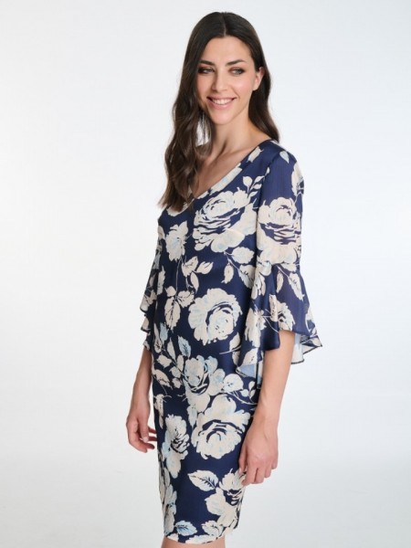 Floral printed μπλε σατέν midi μακρυμάνικο φόρεμα, σε σάκο γραμμή, V λαιμόκοψη και βολάν στο τελείωμα στα μανίκια Badoo