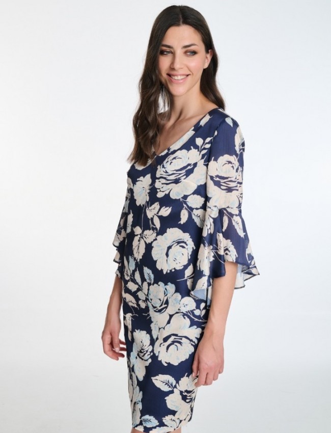 Floral printed μπλε σατέν midi μακρυμάνικο φόρεμα, σε σάκο γραμμή, V λαιμόκοψη και βολάν στο τελείωμα στα μανίκια Badoo