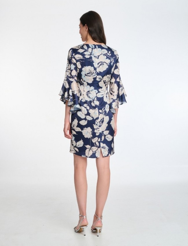 Floral printed μπλε σατέν midi μακρυμάνικο φόρεμα, σε σάκο γραμμή, V λαιμόκοψη και βολάν στο τελείωμα στα μανίκια Badoo