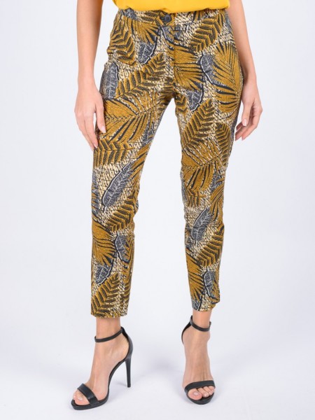Floral printed μουσταρδί-μπλε ψηλόμεσο παντελόνι σε ίσια γραμμή, κλείσιμο με φερμουάρ και κουμπί και τσέπες φιλέτο στο πίσω μέρος Badoo