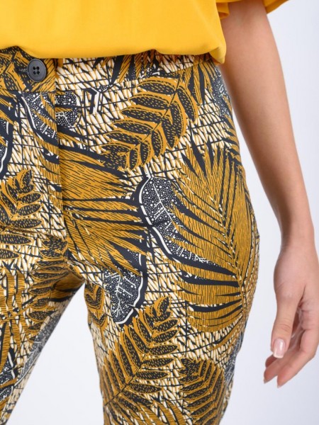 Floral printed μουσταρδί-μπλε ψηλόμεσο παντελόνι σε ίσια γραμμή, κλείσιμο με φερμουάρ και κουμπί και τσέπες φιλέτο στο πίσω μέρος Badoo