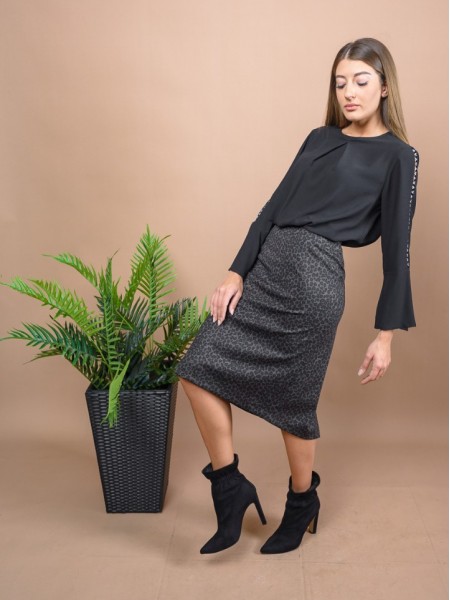 Animal printed εκάι ψηλόμεση midi φούστα σε ίσια γραμμή, με κρυφό άνοιγμα πίσω και φερμουάρ Bazianna