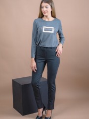 Γκρι μελανζέ ψηλόμεσο ελαστικό πεντάτσεπο παντελόνι-κολάν με κουμπί μπροστά και κλείσιμο με φερμουάρ Bazianna