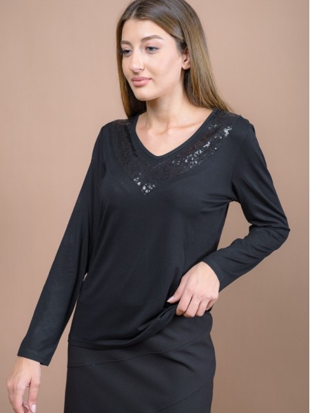 Μαύρη μακρυμάνικη ελαστική μπλούζα σε ίσια γραμμή και φάσα με μονόχρωμη παγιέτα στη V-λαιμόκοψη Be Cool