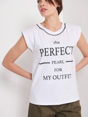 Λευκό κοντομάνικο βαμβακερό t-shirt με πέρλες και τύπωμα "THE PERFECT PEARL FOR MY OUTFIT" Bill Cost