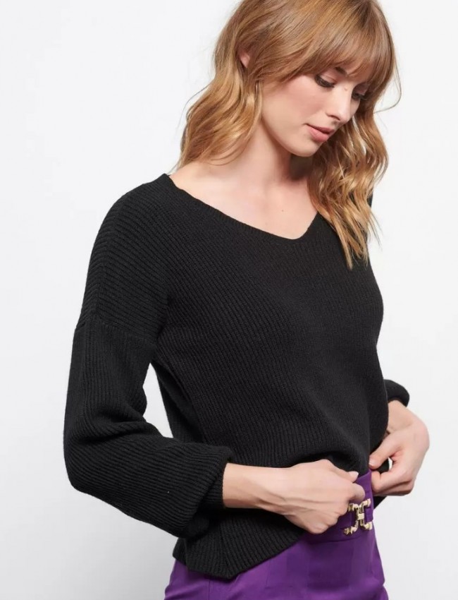 Μαύρη μακρυμάνικη πλεκτή oversized μπλούζα με V-λαιμόκοψη και ρεγκλάν μανικοκόλληση Bill Cost