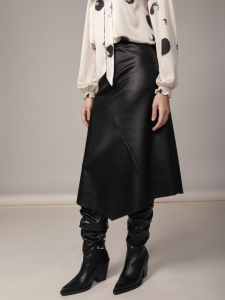 Μαύρη faux-leather midi φούστα σε αλκαντάρα ύφασμα, σε Α-γραμμή και λάστιχο στην μέση Coelia 
