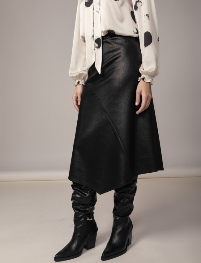 Μαύρη faux-leather midi φούστα σε αλκαντάρα ύφασμα, σε Α-γραμμή και λάστιχο στην μέση Coelia 