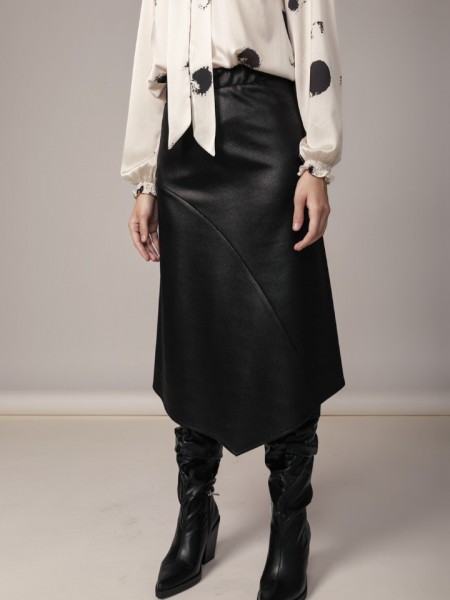 Μαύρη faux-leather midi φούστα σε αλκαντάρα ύφασμα, σε Α-γραμμή και λάστιχο στην μέση Coelia 