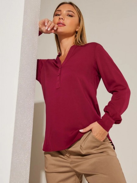 Φούξια μακρυμάνικη μπλούζα με μικρά κουμπιά στην V-λαιμόκοψη και μικρές σούρες στην πλάτη Enzzo