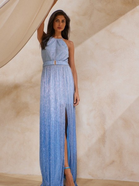 Σιελ dégradé lurex αμάνικο maxi φόρεμα με παρτούς ώμους, ελαστική μέση και αποσπώμενη ζώνη Enzzo
