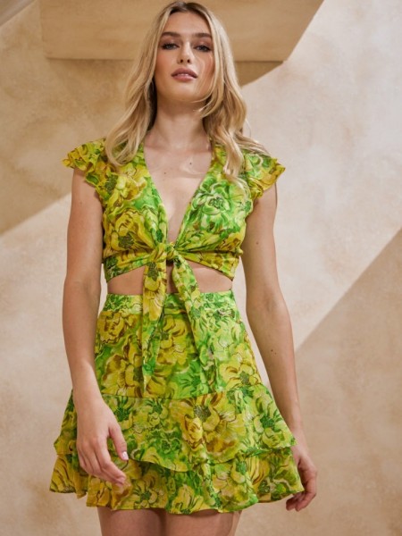 Floral printed κίτρινο κοντομάνικο cropped top με δέσιμο στο μπροστά μέρος Enzzo