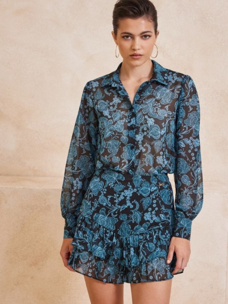 Floral printed πετρόλ ημιδιάφανο πουκάμισο με λαχούρια, σε μεσάτη γραμμή και μικρές σούρες στις μανσέτες Enzzo