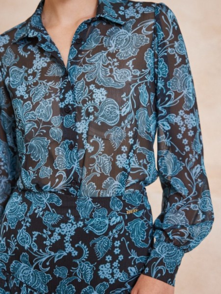 Floral printed πετρόλ ημιδιάφανο πουκάμισο με λαχούρια, σε μεσάτη γραμμή και μικρές σούρες στις μανσέτες Enzzo