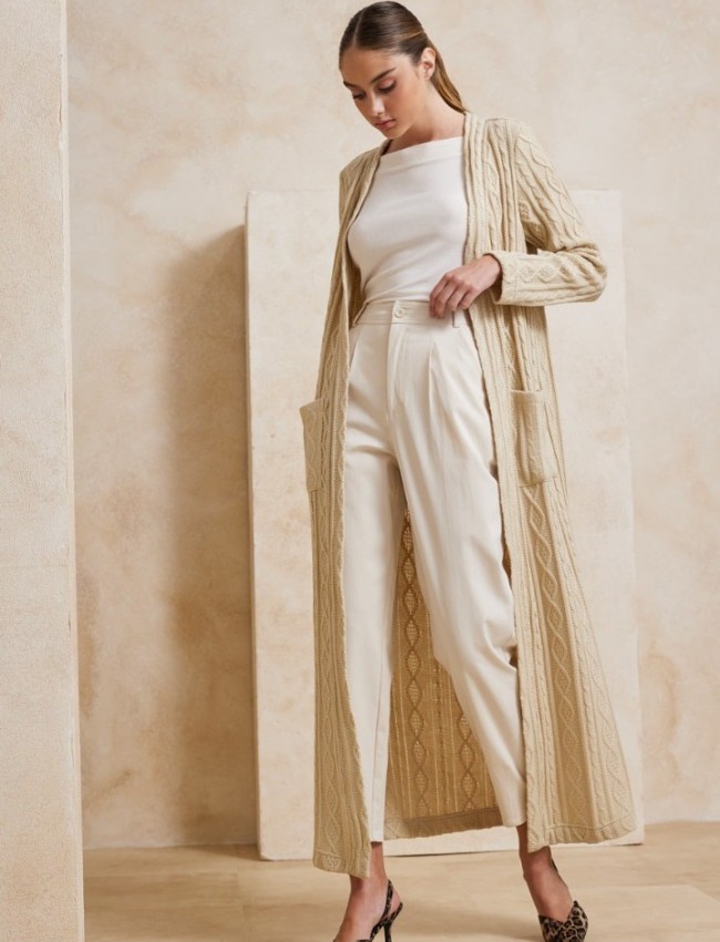 Βανίλια ψηλόμεσο slouchy-fit παντελόνι με πιέτες, πλαϊνές τσέπες και κλείσιμο με φερμουάρ Enzzo