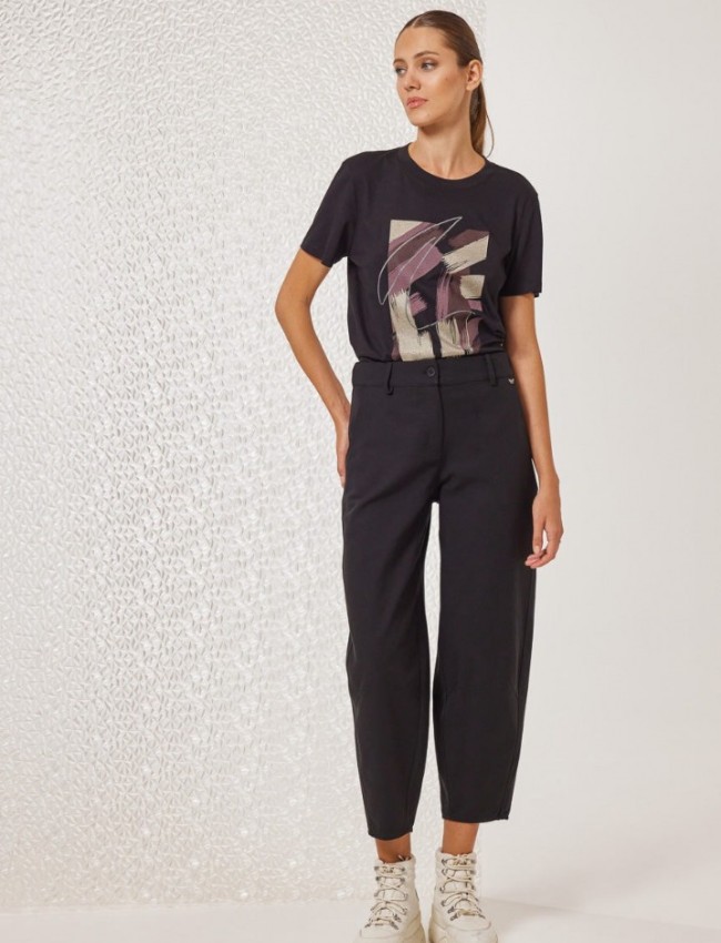 Μαύρο ψηλόμεσο slouchy-fit παντελόνι Owen με πλαϊνές τσέπες, τετράγωνες πίσω και λάστιχο πίσω στην μέση Enzzo
