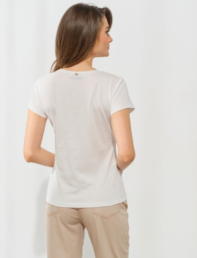 Λευκό βαμβακερό κοντομάνικο t-shirt Martina με κλειστή στρογγυλή  λαιμόκοψη, σε ίσια γραμμή και μπροστινό τύπωμα με κίτρινα  σταφύλια Enzzo