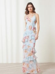 Floral printed σιελ αμάνικο maxi Amelia φόρεμα, με ρυθμιζόμενες τιράντες, V-λαιμόκοψη, βολάν σε επίπεδα και κλείσιμο με φερμουάρ στο πλάι Ennzo 