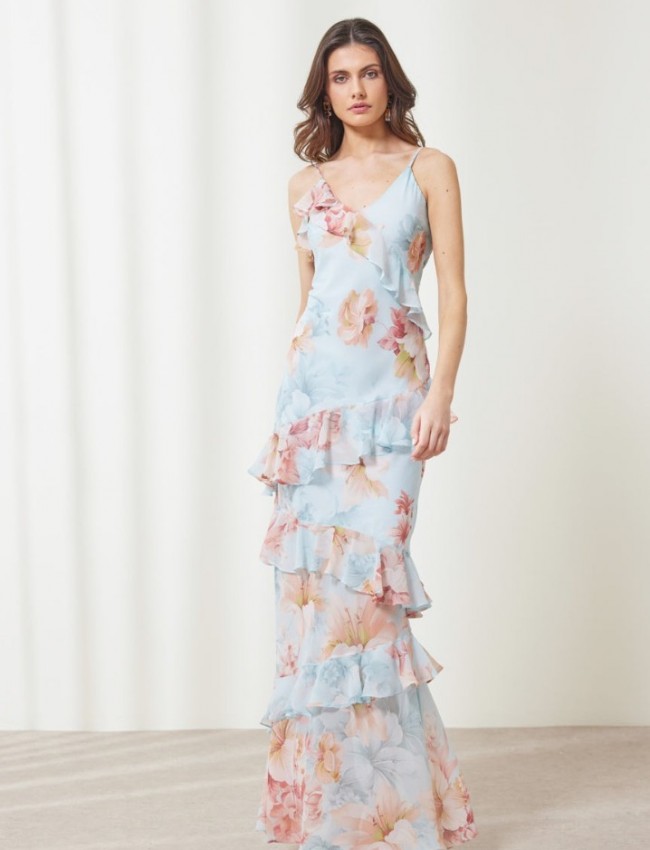 Floral printed σιελ αμάνικο maxi Amelia φόρεμα, με ρυθμιζόμενες τιράντες, V-λαιμόκοψη, βολάν σε επίπεδα και κλείσιμο με φερμουάρ στο πλάι Ennzo 