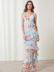 Floral printed σιελ αμάνικο maxi Amelia φόρεμα, με ρυθμιζόμενες τιράντες, V-λαιμόκοψη, βολάν σε επίπεδα και κλείσιμο με φερμουάρ στο πλάι Ennzo 