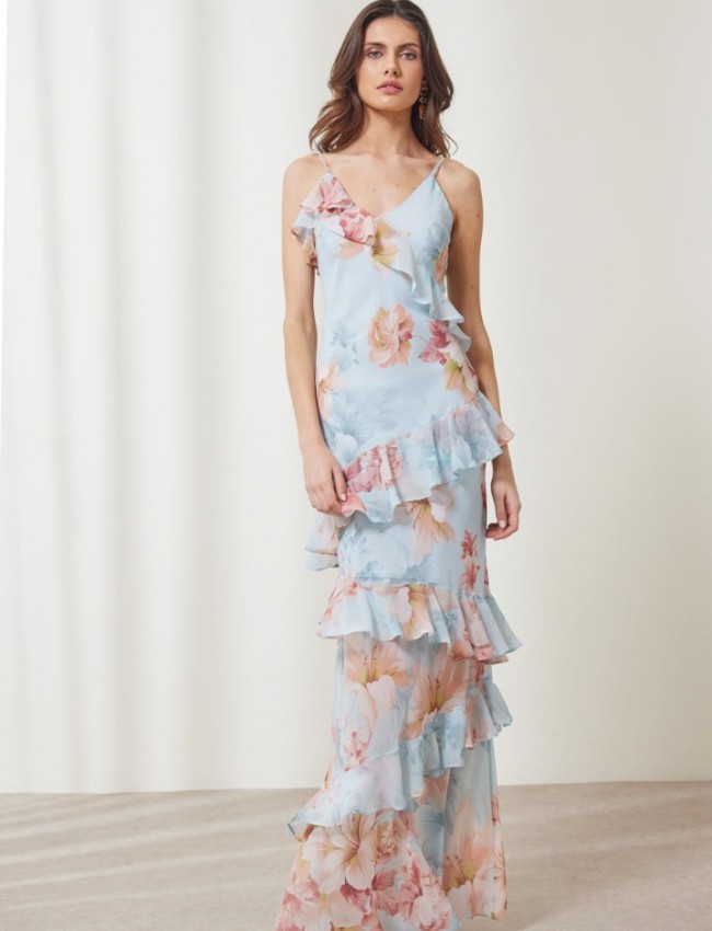 Floral printed σιελ αμάνικο maxi Amelia φόρεμα, με ρυθμιζόμενες τιράντες, V-λαιμόκοψη, βολάν σε επίπεδα και κλείσιμο με φερμουάρ στο πλάι Ennzo 