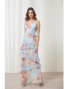 Floral printed σιελ αμάνικο maxi Amelia φόρεμα, με ρυθμιζόμενες τιράντες, V-λαιμόκοψη, βολάν σε επίπεδα και κλείσιμο με φερμουάρ στο πλάι Ennzo 