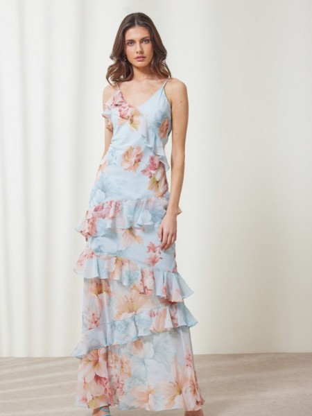 Floral printed σιελ αμάνικο maxi Amelia φόρεμα, με ρυθμιζόμενες τιράντες, V-λαιμόκοψη, βολάν σε επίπεδα και κλείσιμο με φερμουάρ στο πλάι Ennzo 