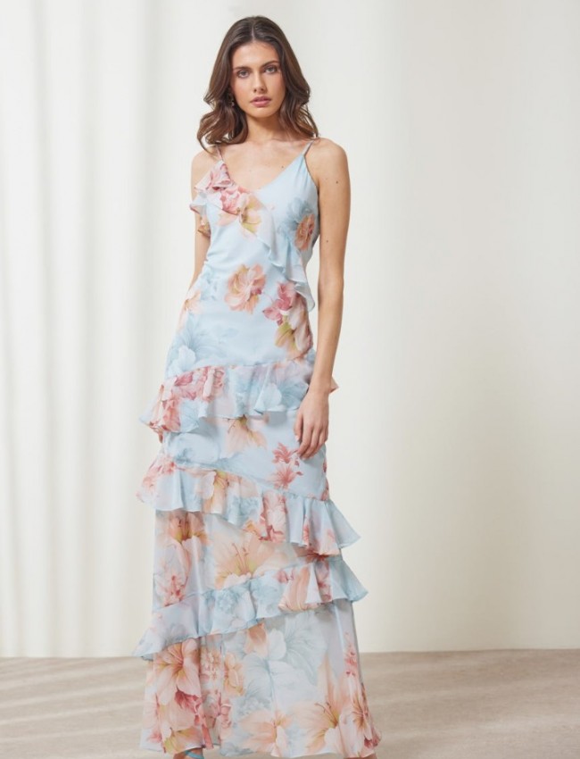 Floral printed σιελ αμάνικο maxi Amelia φόρεμα, με ρυθμιζόμενες τιράντες, V-λαιμόκοψη, βολάν σε επίπεδα και κλείσιμο με φερμουάρ στο πλάι Ennzo 