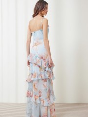 Floral printed σιελ αμάνικο maxi Amelia φόρεμα, με ρυθμιζόμενες τιράντες, V-λαιμόκοψη, βολάν σε επίπεδα και κλείσιμο με φερμουάρ στο πλάι Ennzo 