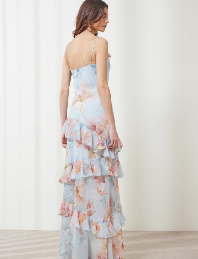 Floral printed σιελ αμάνικο maxi Amelia φόρεμα, με ρυθμιζόμενες τιράντες, V-λαιμόκοψη, βολάν σε επίπεδα και κλείσιμο με φερμουάρ στο πλάι Ennzo 