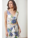 Floral printed μπλε μεταλλιζέ αμάνικο Aubrey τοπ, με V-λαιμόκοψη, ρυθμιζόμενες χιαστί τιράντες στην έξω πλάτη και κλείσιμο στο πλάι με κρυφές σούστας Enzzo 