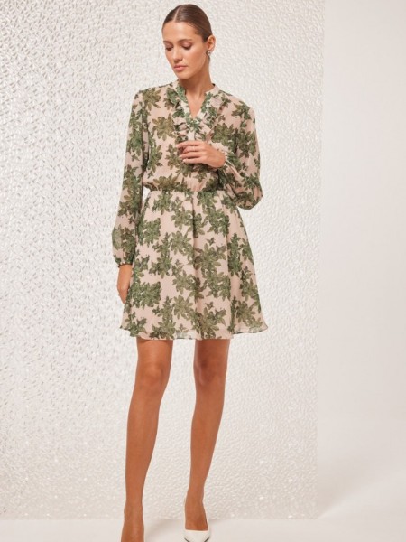 Floral printed πράσινο μακρυμάνικο κοντό μουσελίνα φόρεμα Celeste σε κλος γραμμή, με μικρά βολάν στον μάο γιακά και ελαστική μέση Enzzo