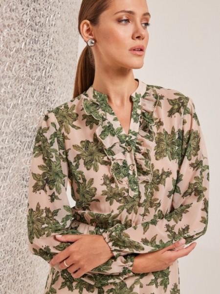 Floral printed πράσινο μακρυμάνικο κοντό μουσελίνα φόρεμα Celeste σε κλος γραμμή, με μικρά βολάν στον μάο γιακά και ελαστική μέση Enzzo