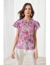 Floral printed σιελ κοντομάνικη μουσελίνα μπλούζα  Jade σε ίσια γραμμή, με άνοιγμα στον μάο γιακά και βολάν στα μανίκια Enzzo