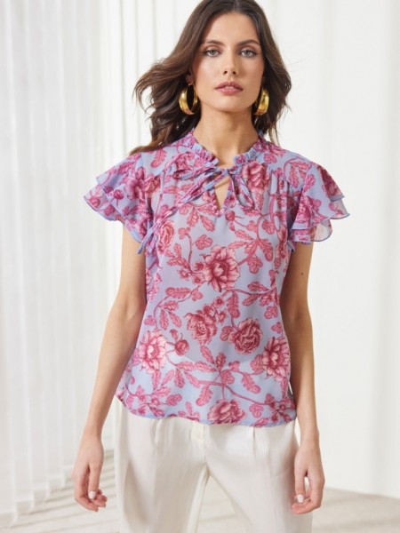 Floral printed σιελ κοντομάνικη μουσελίνα μπλούζα  Jade σε ίσια γραμμή, με άνοιγμα στον μάο γιακά και βολάν στα μανίκια Enzzo