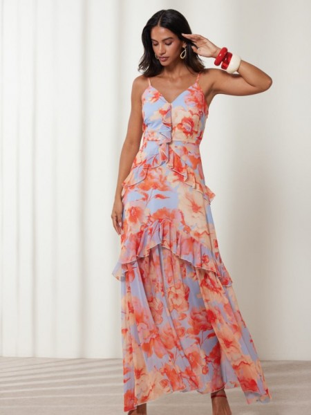 Floral printed γαλάζιο-κοραλλί αμάνικο maxi φόρεμα σεβολάν μπροστά, V-λαιμόκοψη, λεπτές ρυθμιζόμενες τιράντες και μπροστινό σκίσιμο Enzzo
