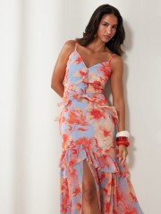 Floral printed γαλάζιο-κοραλλί αμάνικο maxi φόρεμα σεβολάν μπροστά, V-λαιμόκοψη, λεπτές ρυθμιζόμενες τιράντες και μπροστινό σκίσιμο Enzzo