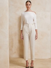 Βανίλια ψηλόμεσο slouchy-fit παντελόνι με πιέτες, πλαϊνές τσέπες και κλείσιμο με φερμουάρ Enzzo