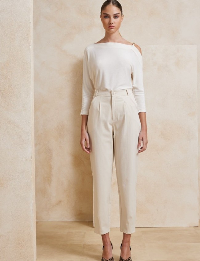 Βανίλια ψηλόμεσο slouchy-fit παντελόνι με πιέτες, πλαϊνές τσέπες και κλείσιμο με φερμουάρ Enzzo