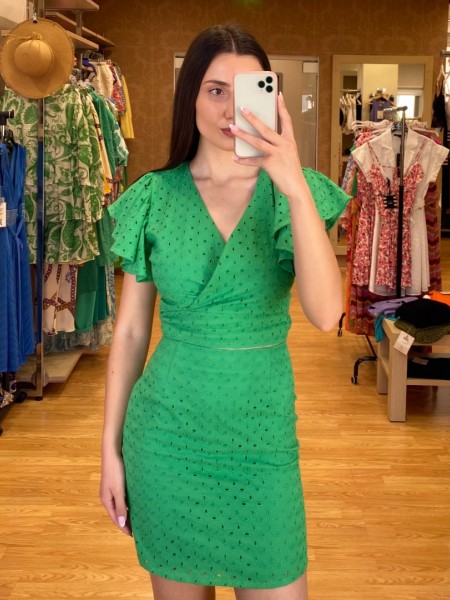 Πράσινη broderie κοντή φούστα σε Α-γραμμή και κλείσιμο με κρυφό φερμουάρ στο πλάι ENZZO
