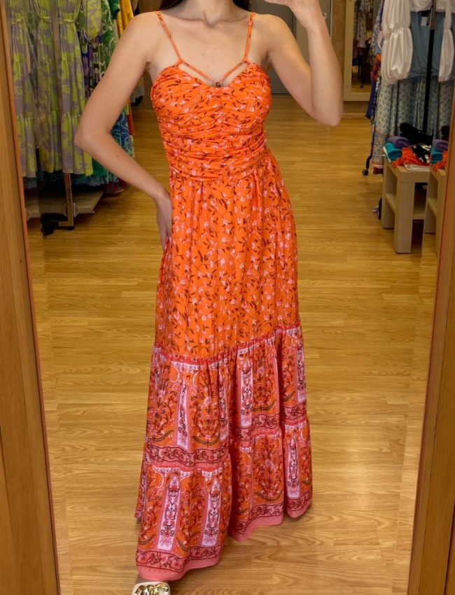 Floral πορτοκαλί maxi φούστα, με λάστιχο στην μέση και βολάν σε επίπεδα ENZZO