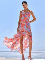 Floral printed γαλάζιο-κοραλλί αμάνικο maxi φόρεμα σεβολάν μπροστά, V-λαιμόκοψη, λεπτές ρυθμιζόμενες τιράντες και μπροστινό σκίσιμο Enzzo