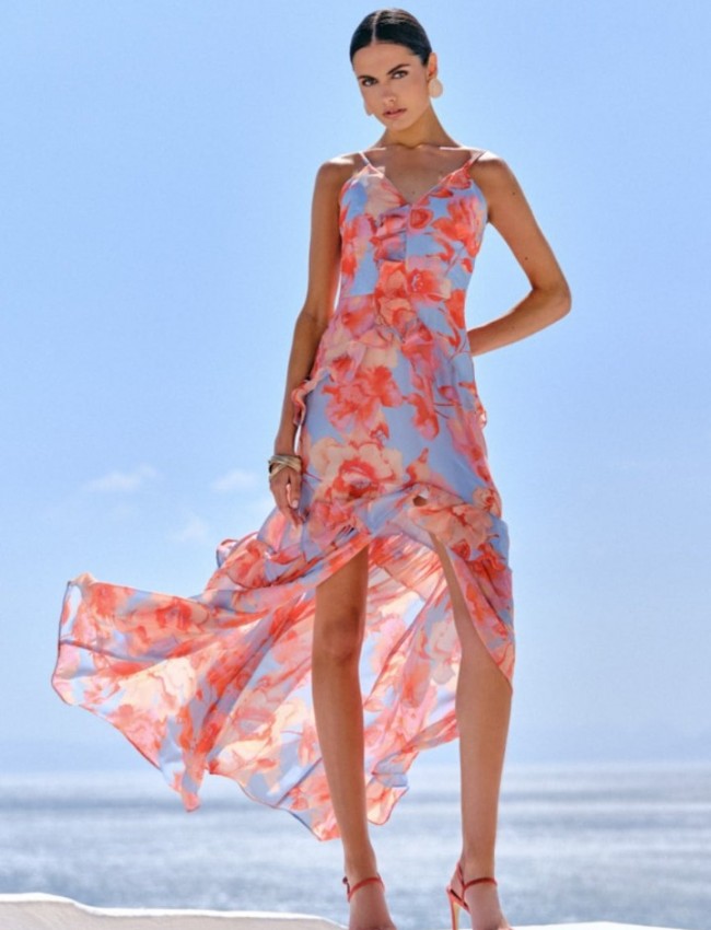 Floral printed γαλάζιο-κοραλλί αμάνικο maxi φόρεμα σεβολάν μπροστά, V-λαιμόκοψη, λεπτές ρυθμιζόμενες τιράντες και μπροστινό σκίσιμο Enzzo