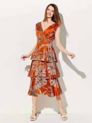 Floral printed εκάι αμάνικο midi κρουαζέ φόρεμα με βολάν σε επίπεδα,σε matte σατέν όψη και μικρές σούρες στην σταθερή μέση Forel