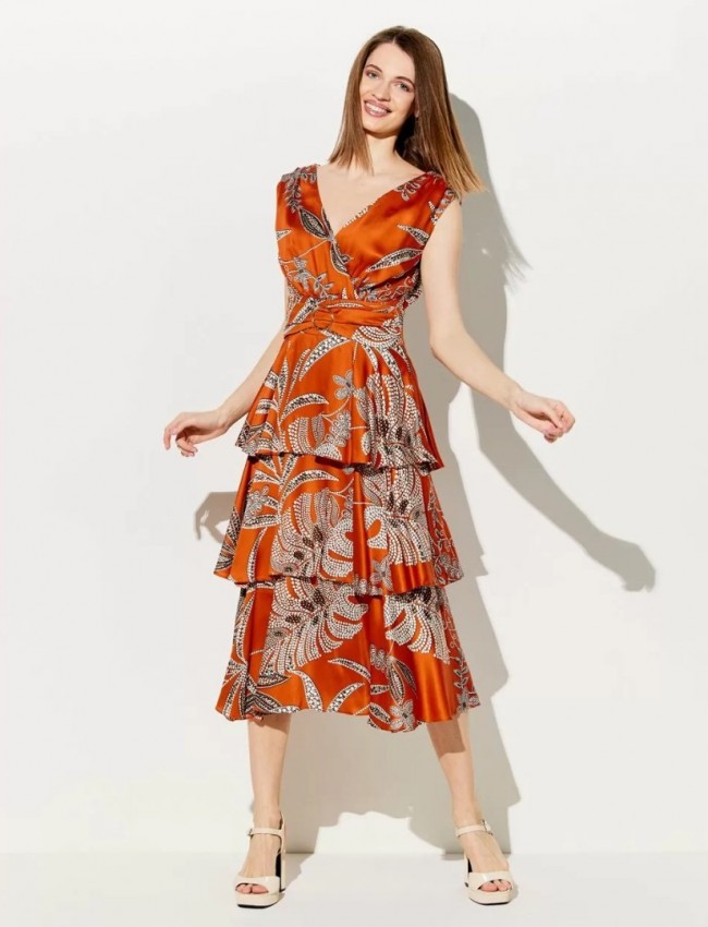 Floral printed εκάι αμάνικο midi κρουαζέ φόρεμα με βολάν σε επίπεδα,σε matte σατέν όψη και μικρές σούρες στην σταθερή μέση Forel