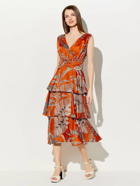 Floral printed εκάι αμάνικο midi κρουαζέ φόρεμα με βολάν σε επίπεδα,σε matte σατέν όψη και μικρές σούρες στην σταθερή μέση Forel